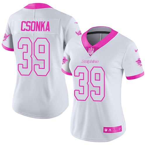 Nike Miami Dolphins #39 Larry Csonka White Pink Women Stitched NFL Limited Rush Fashion Jersey